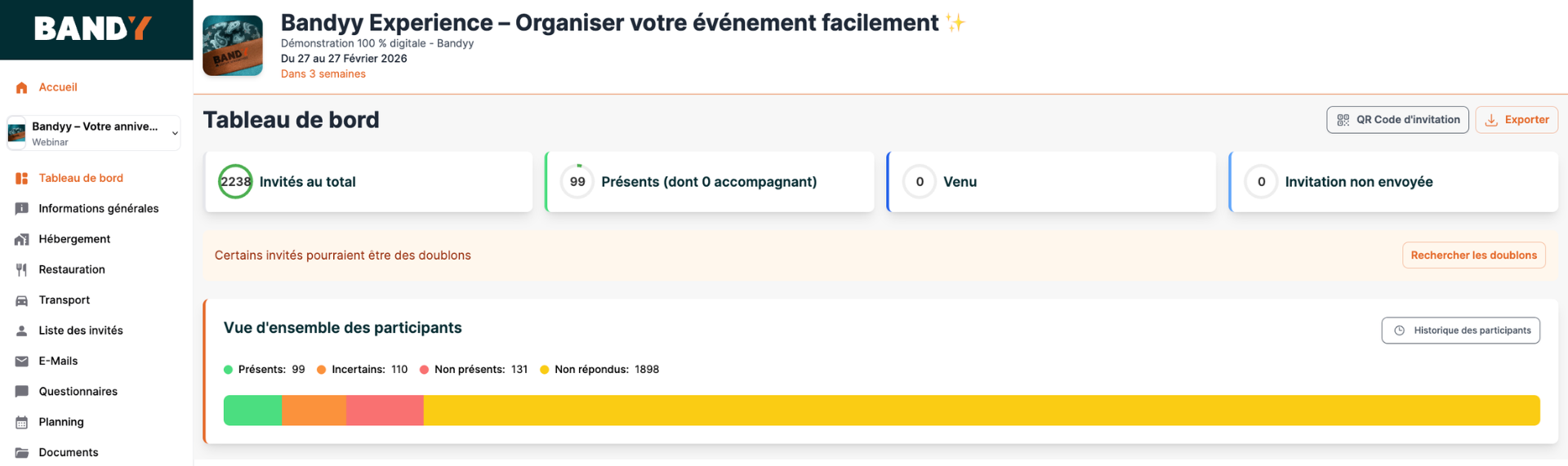 Interface de la plateforme Bandyy - tableau de bord de gestion d'événement
