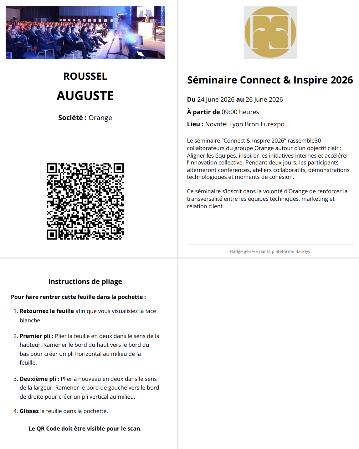 Badge événement plié avec QR code à scanner — format A6 personnalisable Bandyy