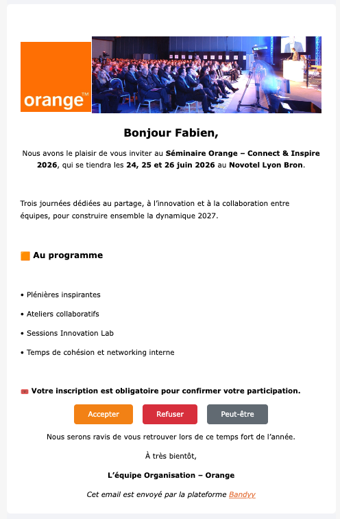 Exemple d'email d'invitation 1 clic Bandyy avec boutons Accepter, Refuser, Peut-&ecirc;tre
